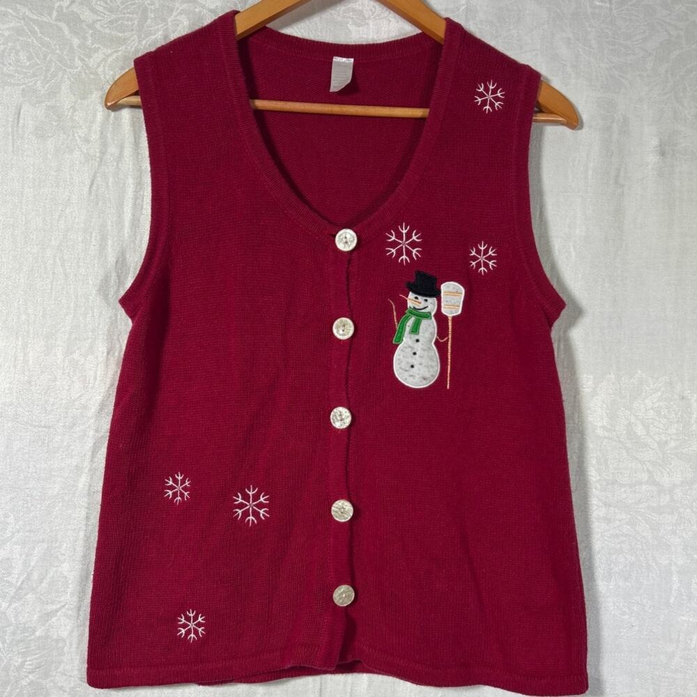VTG Christmas Sweater Vest Small Medium Red Snowman Snowflakes Holiday Winter